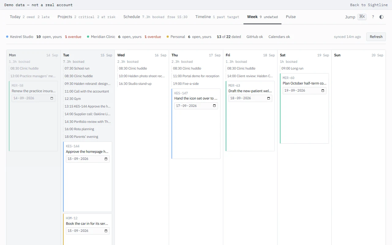 The Sightline demo on its Week view: seven day columns, each with its booked hours, its meetings, and the issues due that day beneath them.